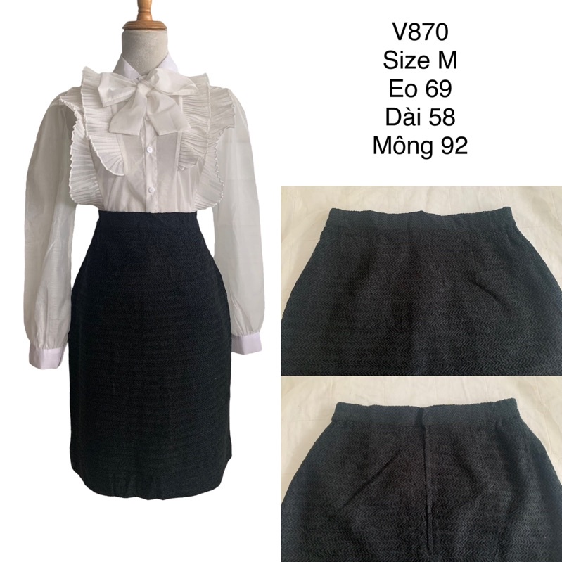 Chân váy bút chì V870 vân xương cá ngang chất vải tweed dày dặn 2hand Nhật si tuyển ảnh thật