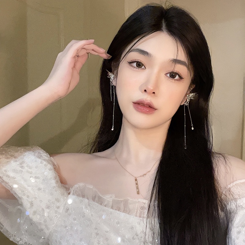 Bông Tai Dạng Kẹp Hình Bướm Bằng Bạc Phối Tua Rua Thanh Lịch Cho Nữ