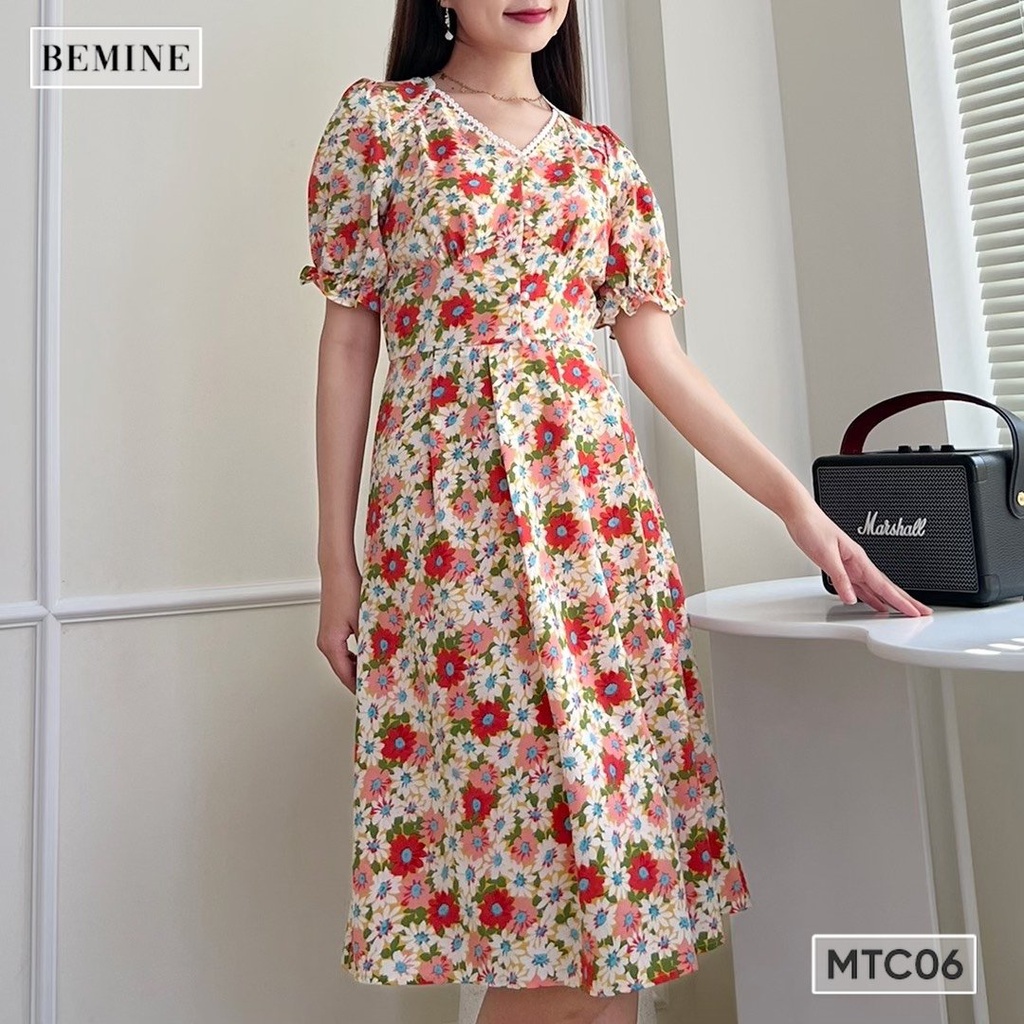 Đầm tay phồng cổ tim phối ren BEMINE MTC06