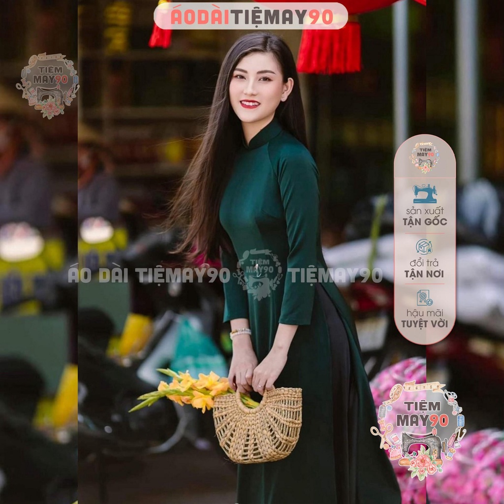 Áo dài xanh rêu truyền thống Tiệm 90 sẵn cổ sen cao tay dài vải lụa đi chùa dự tiệc lễ tết đẹp AD90140