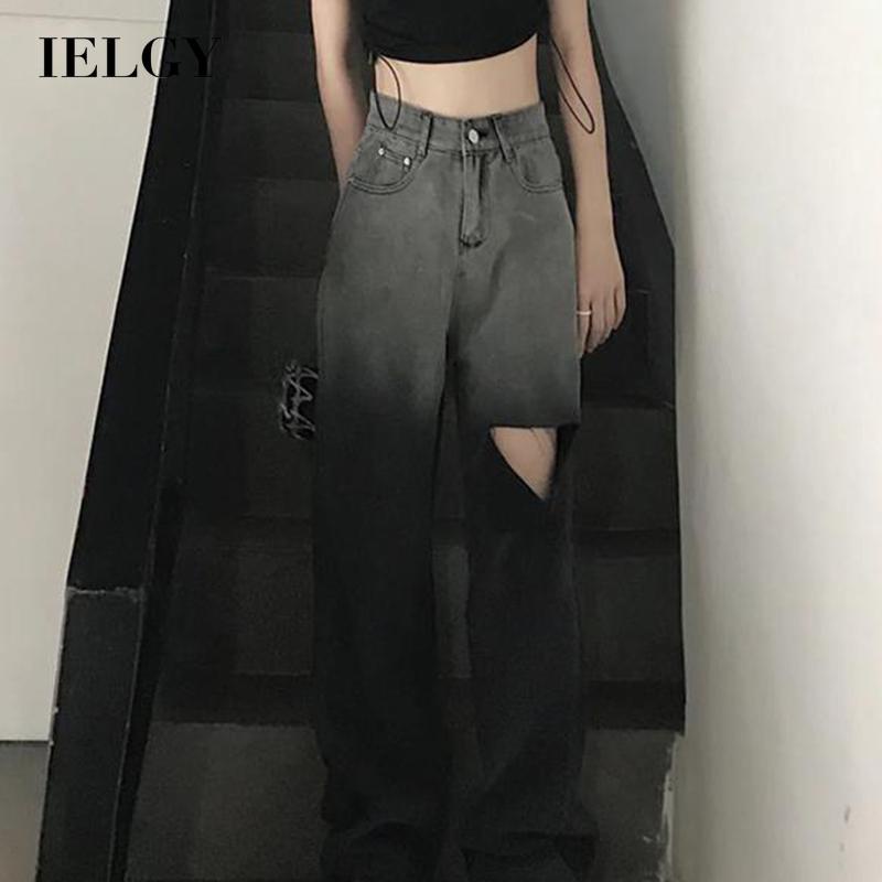 IELGYQuần Jean Dài Lưng Cao Ống Rộng Phối Rách Cá Tính Cho Nữ
