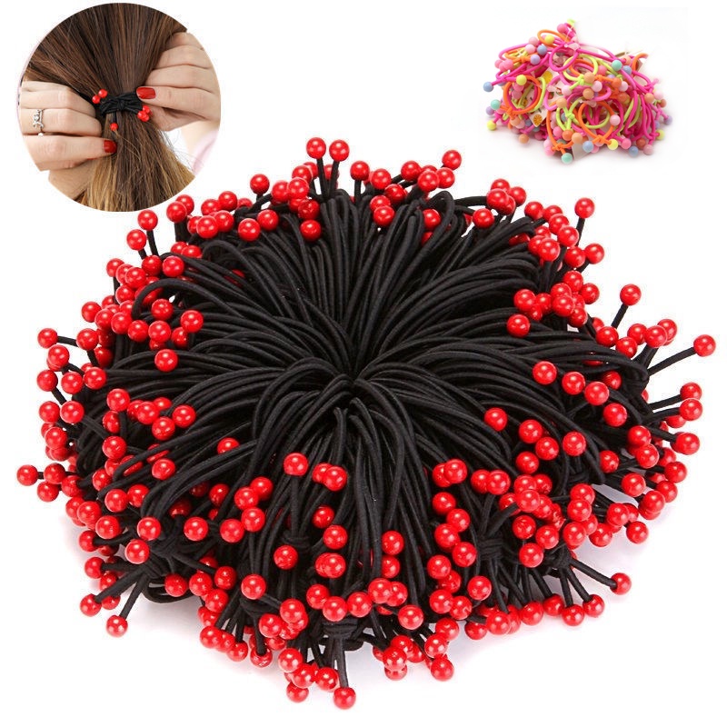 Bộ 10 Dây Thun Cột Tóc Đính Hạt Nhỏ Màu Đỏ Xinh Xắn Cho Bé Gái