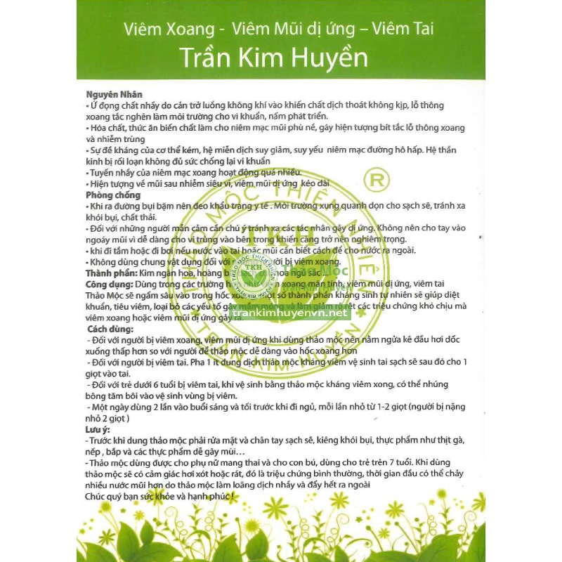 Viêm Xoang Viêm Mũi Dị Ứng, Viêm Tai Giữa Trần Kim Huyền 10Ml - Hàng Chính Hãng