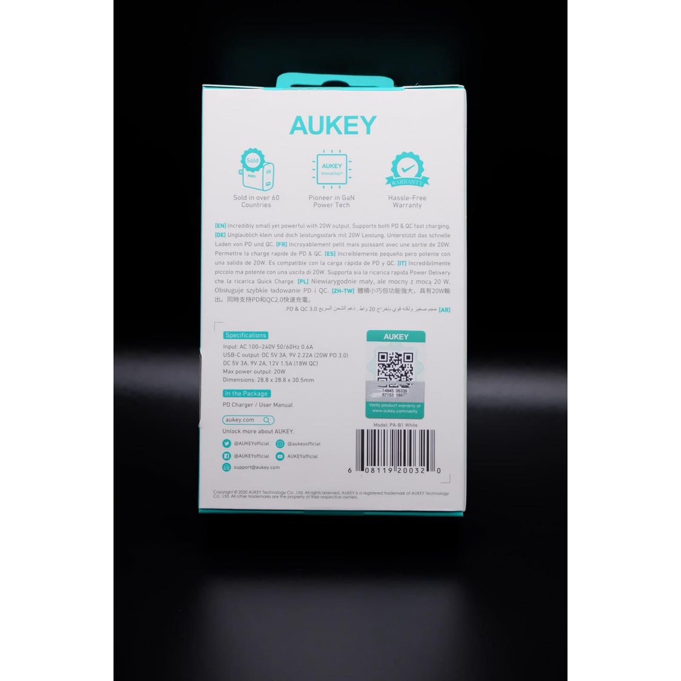 Củ sạc nhanh Aukey Omnia Mini 20W tương thích với nhiều dòng Smartphone