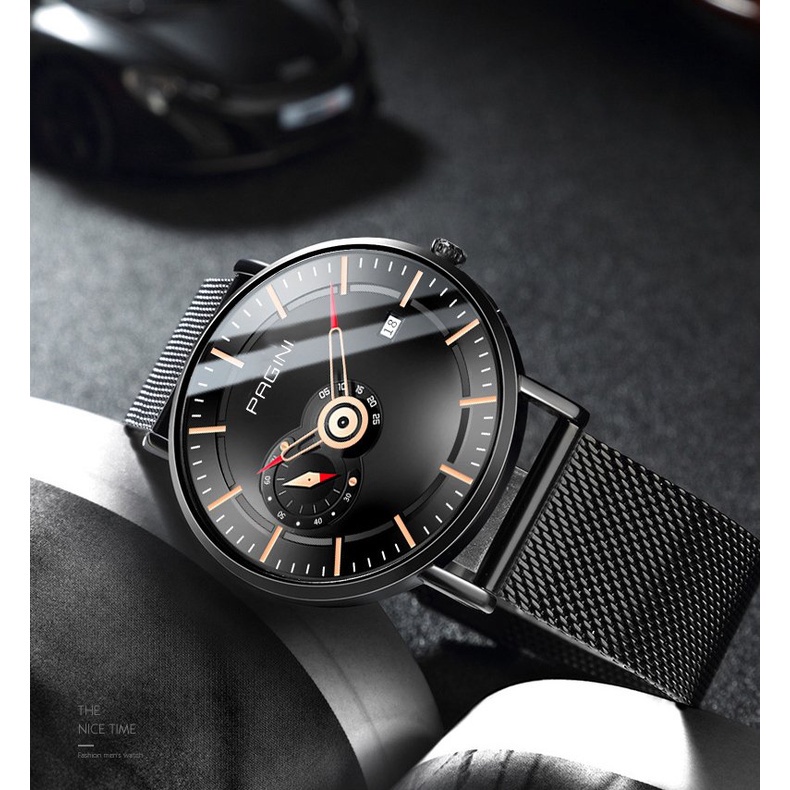 Đồng Hồ Nam Pagini PA9968 dây thép lụa Titanium thời trang Cao Cấp, có lịch ngày
