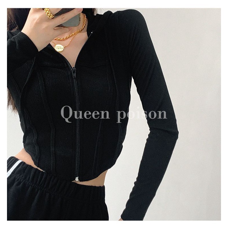 Áo croptop tay dài áo croptop Áo Khoác Thể Thao Có Nón Phối Khóa Kéo Phong Cách Âu Mỹ Cho Nữ