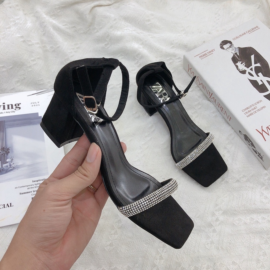 Giày Sandal gót vuông - Sandal Za Rà Quai Ngang Đính Đá Hạt Cao 5p VNXK