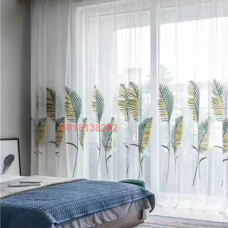 Rèm voan LÁ XANH VÀNG, rèm cửa dán tường, treo thanh trang trí décor cửa sổ phòng khách phòng ngủ. Nhận MAY THEO YÊU CẦU