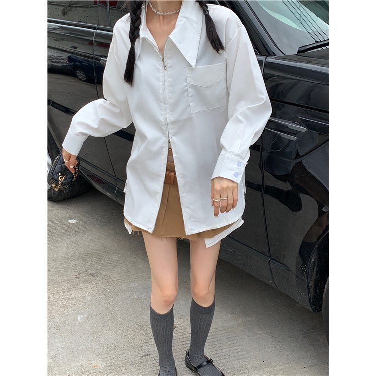 Áo Sơ Mi Tay Dài Màu Trơn Có Khóa Kéo Thời Trang Hàn Quốc