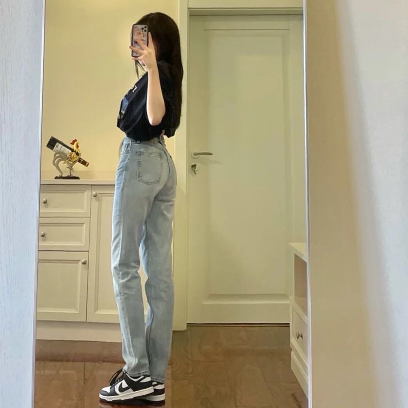 Quần jean denim  ống đứng form rộng vừa xanh nhạt -8166