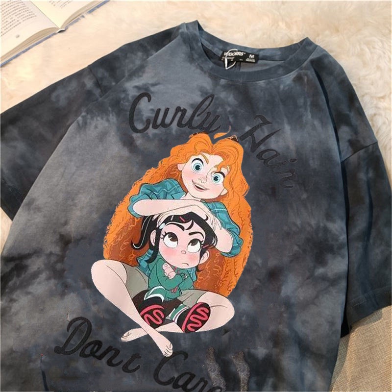 Jiashucheng Áo Thun Tay Ngắn Nhuộm Màu Họa Tiết Hoạt Hình Thời Trang Mùa Hè Cho Cặp Đôi