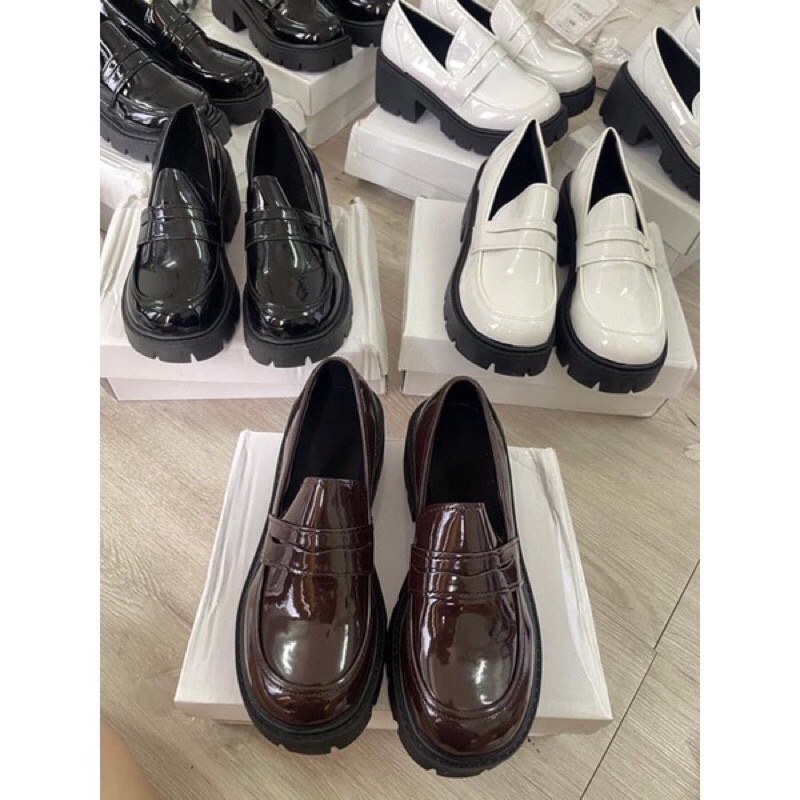 Giày lười đế cao  6cm da bóng  mũi tròn vintage  Oxford hàng loại 1