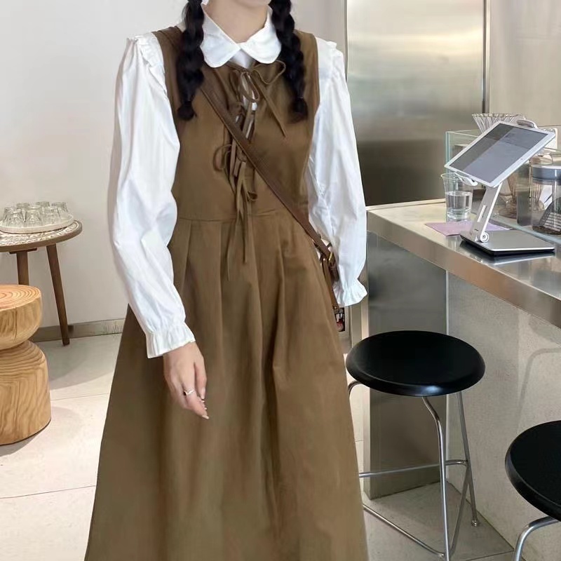 Set Áo Sơ Mi Trắng + Váy Dài Chữ a Không Tay Dáng Rộng Phong Cách Preppy Hàn Quốc