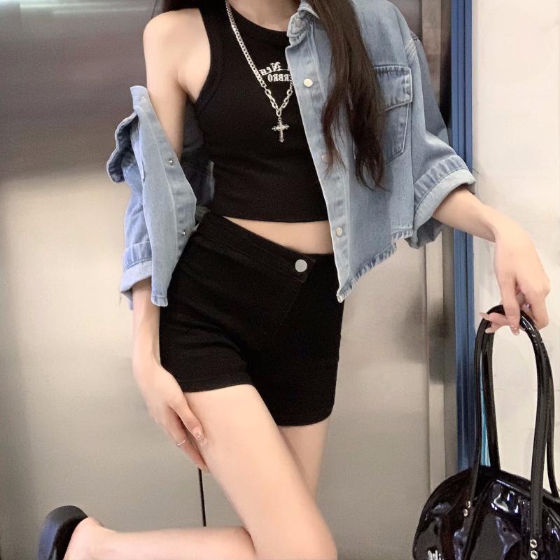 Quần Short Denim Lưng Cao Màu Đen Thời Trang Mùa Hè Cho Nữ