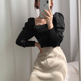 Áo len cổ vuông tay bồng tiểu thư Ulzzang Hàn