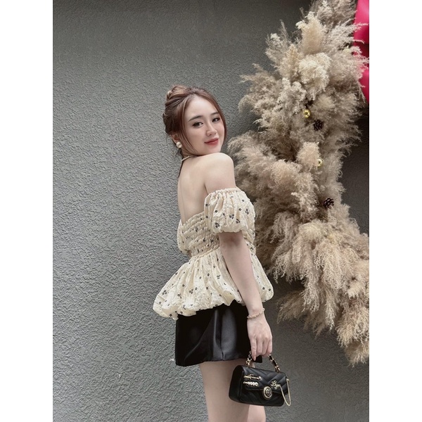 [ 𝐅𝐑𝐄𝐄 𝐒𝐇𝐈𝐏 ] Set áo trễ vai hoa ly ngực mix cv siêu xinh Áo hoa xốp QC cao cấp chuẩn mẫu , tay bồng 2 lớp, chun lưng dễ