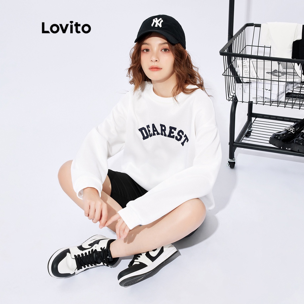 Áo sweatshirt Lovito phong cách thường ngày thêu chữ thời trang unisex phong cách Hàn Quốc oversize L32FW029 (màu trắng)