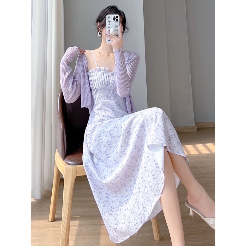 Set 2 Món Váy 2 Dây Hoa Nhí Kèm Áo Khoác Ngoài Cardigan Mỏng Màu Tím Phong Cách Tiểu Thư T - AV002