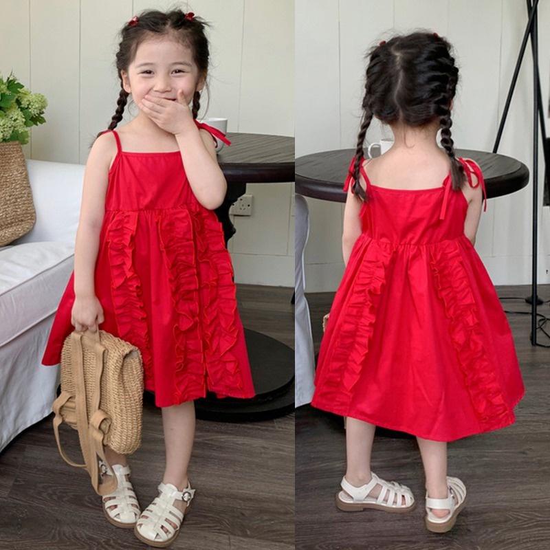 Váy 2 Dây Đỏ Chất Liệu Thô Mềm Chạy Bèo Siêu Xinh Cho Bé 9-25kg