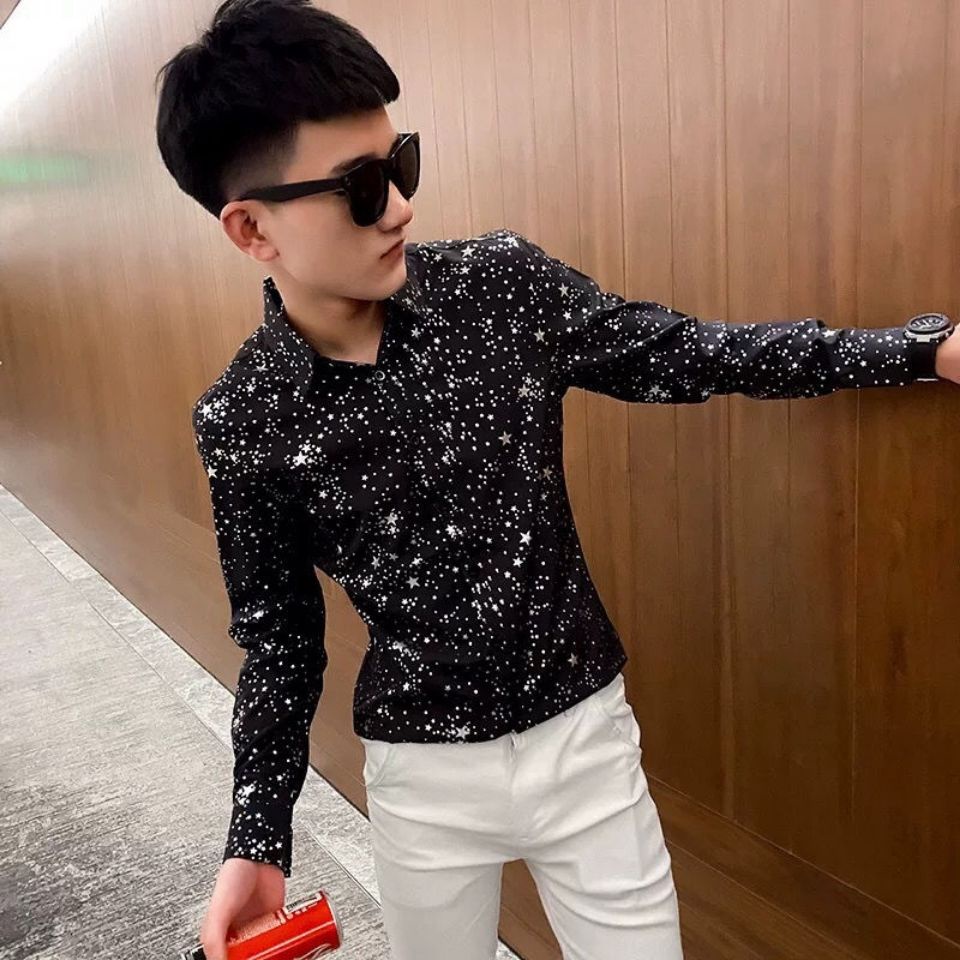 Áo Sơ Mi Nam Dài Tay Dáng Ôm Đính Kim Sa Lấp Lánh Màu Đen