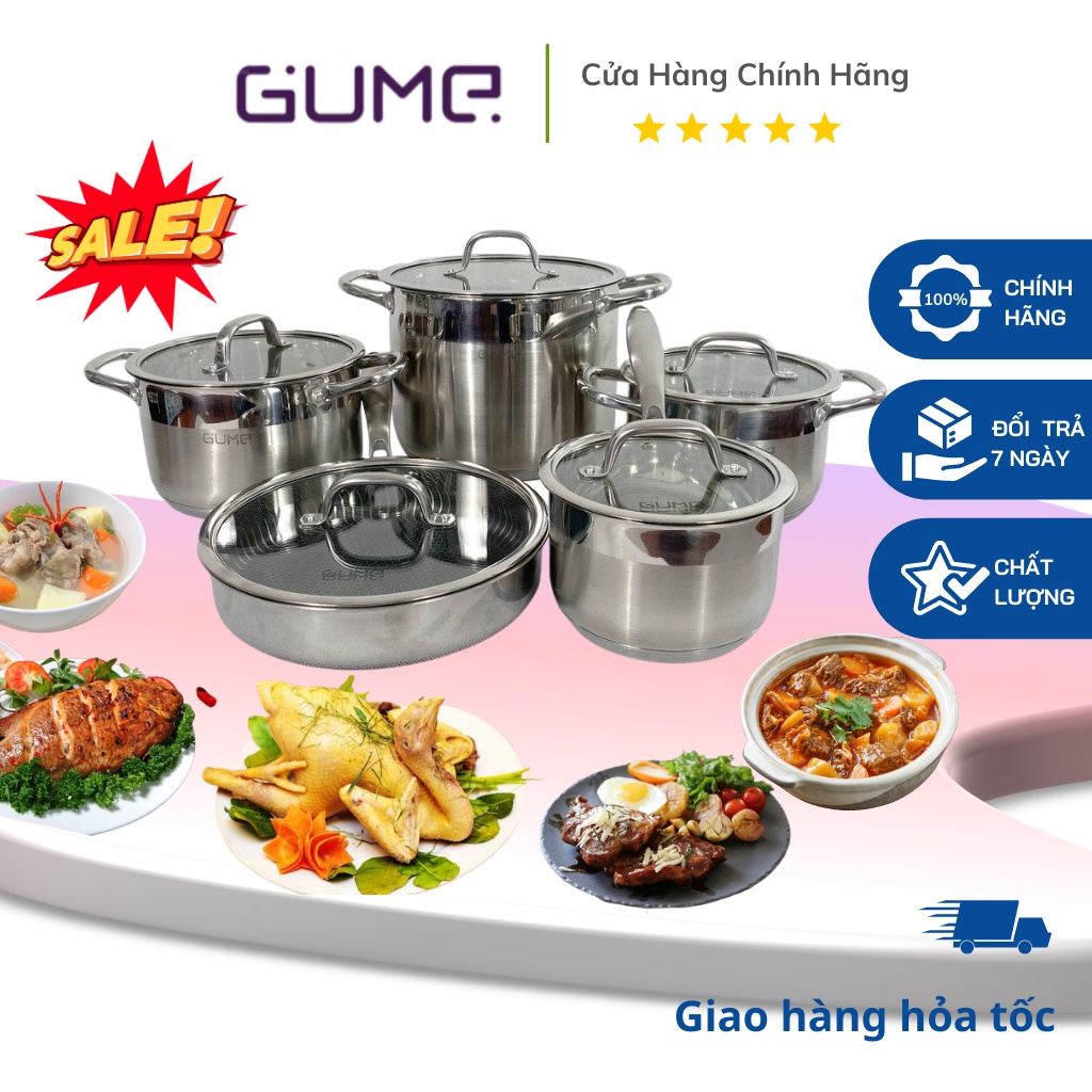 Bộ Nồi Chảo Inox 5 Món Gume Hàn Quốc Cao Cấp,Tặng Sách Các Món Ngon - Gume_Store