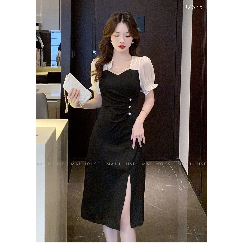 Đầm dự tiệc MAIHOUSE cổ tim tay bo thun phối nơ nhún eo đính hạt dáng ôm xẻ tà chất lụa phù hợp công sở đi chơi - D2635