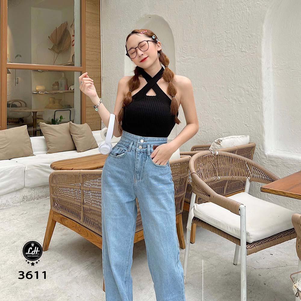 Quần jean nữ ống rộng, quần bò màu xanh trơn cạp siêu cao lưng cách điệu Lê Huy Fashion MS 3611