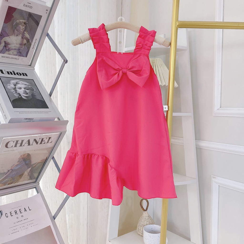 váy bé gái, váy 2 dây đính nơ ngực cho bé gái 8-18kg