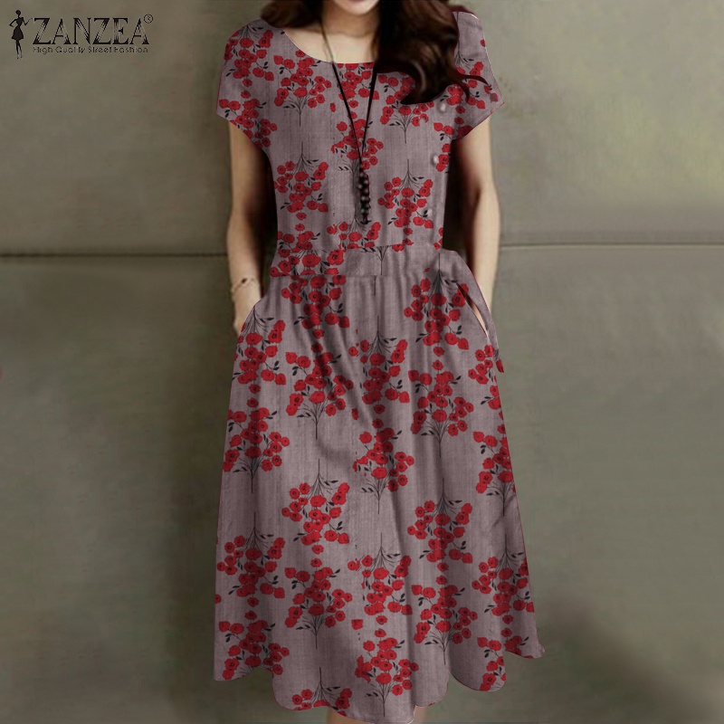 Đầm ZANZEA dây rút ngắn tay in họa tiết caro phong cách Hàn Quốc cho nữ