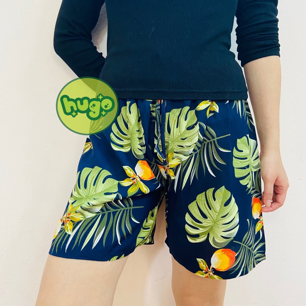 Quần đùi lanh, quần short ngắn mặc nhà , quần đi biển lanh họa tiết hoa quả nam nữ 40 - 75kg nhiều màu - Hugo Shop