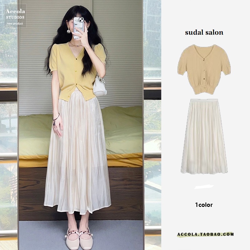 (ORDER) Set chân váy voan xòe dài nhẹ nhàng tiểu thư + Áo dệt kim mỏng màu vàng cài khuy MORAN