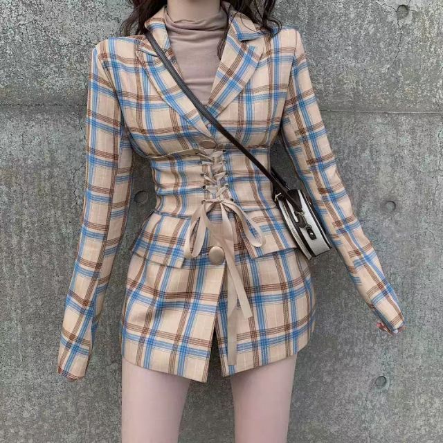 Áo váy vest kẻ thắt eo mùa thu - Hàng Quảng Châu