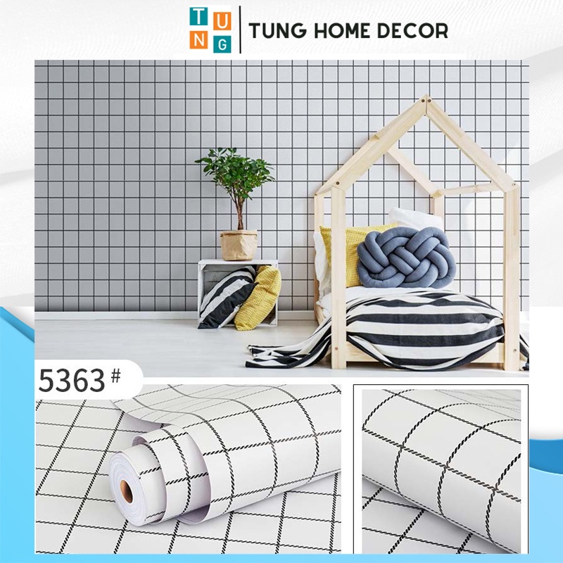 giấy dán tường giả bê tông cao cấp phòng khách hàn quốc phòng ngủ 3d TUNG HOME DECOR 5363 Màu Trắng Caro