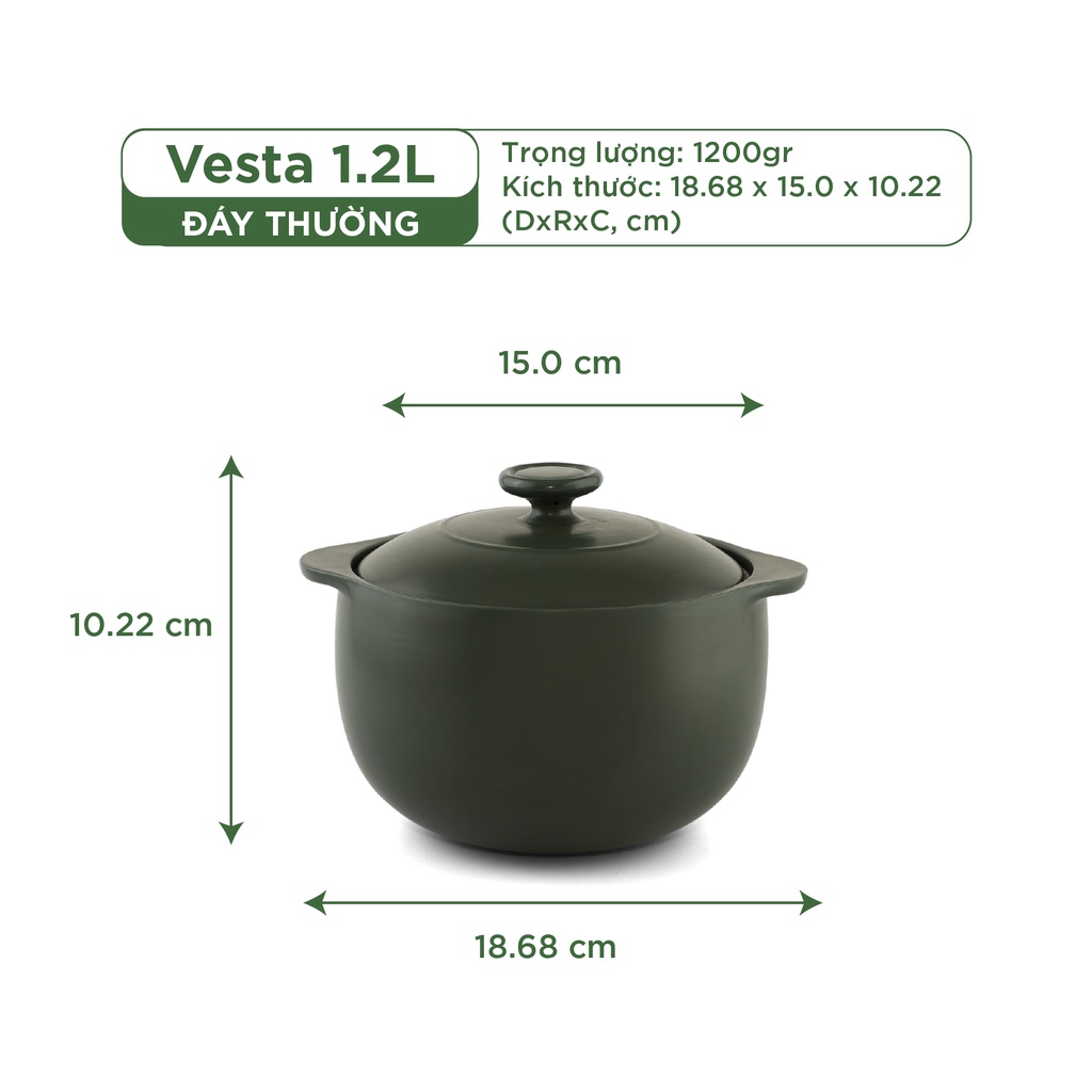 NồI Sứ Dưỡng Sinh Minh Long Healthy Cook Vesta 1.2 L - Dùng cho Bếp Gas, Bếp Hồng Ngoại