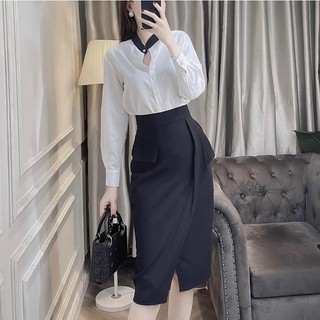 Áo sơ mi trắng phối cổ tàu đen