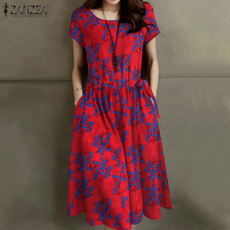 Đầm ZANZEA dây rút ngắn tay in họa tiết caro phong cách Hàn Quốc cho nữ