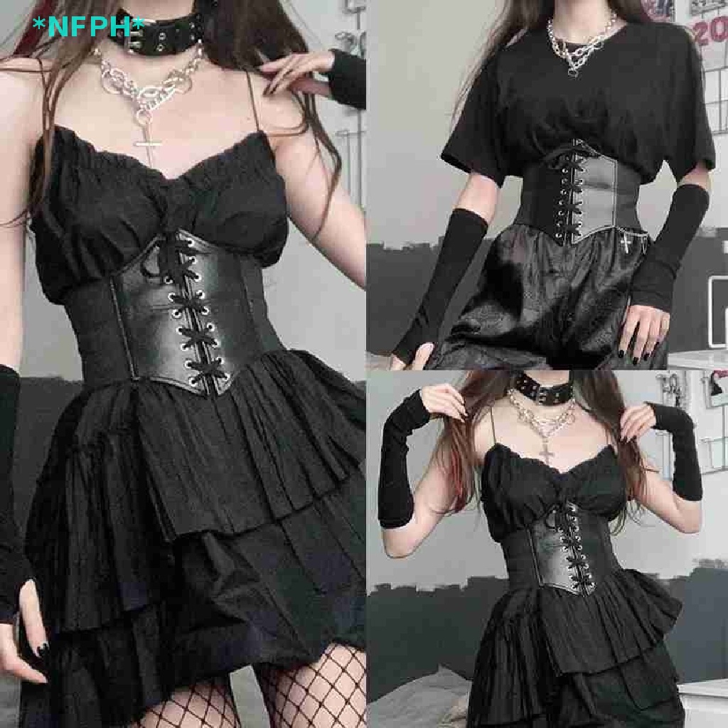 1 Thắt Lưng Da PU Màu Tối Phối Ren Phong Cách Gothic Cho Nữ Mới