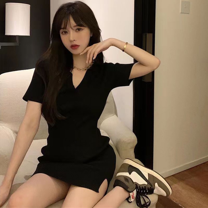 Đầm XINLANYASHE cổ chữ V dáng ôm phong cách Hàn Quốc thời trang quyến rũ cho nữ