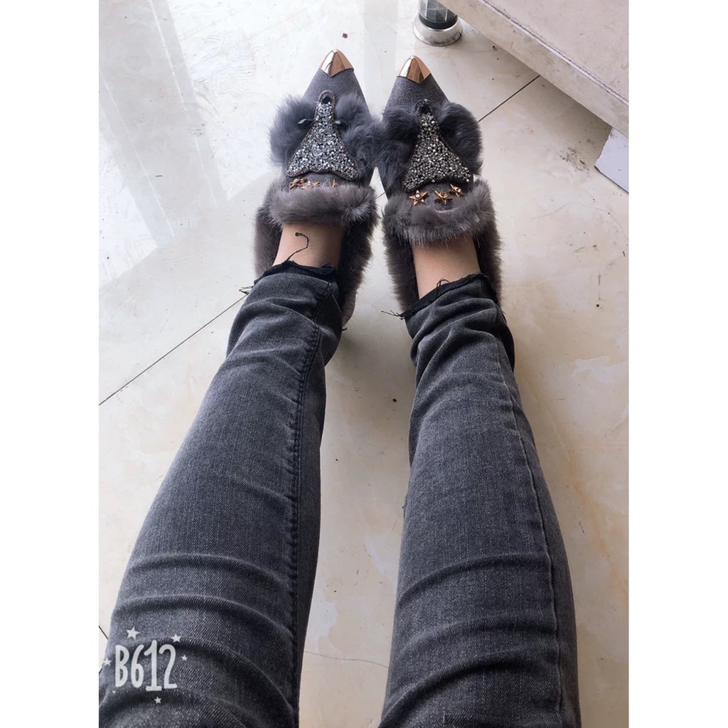 Giày Hồ Ly bông xù đính đá  2 màu Size 35->39