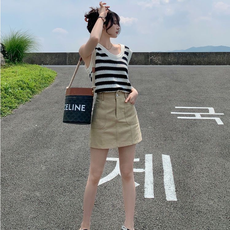 Áo Tanktop Dệt Kim Dáng Rộng Kẻ Sọc Cá Tính Thời Trang Hàn Quốc Cho Nữ