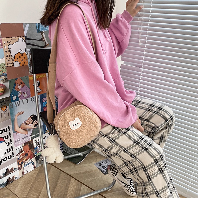 Túi Đeo Chéo Vải Nhung Lông Cừu Mềm Hình Gấu Dễ Thương Phong Cách retro Nhật Bản JP5