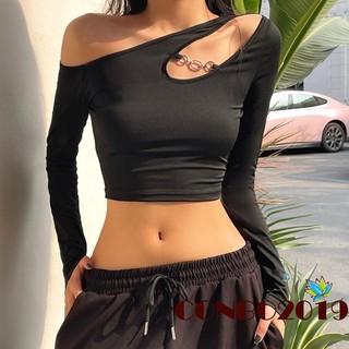 Áo Croptop Trễ Vai Tay Dài Màu Sắc Đơn Giản Cho Nữ