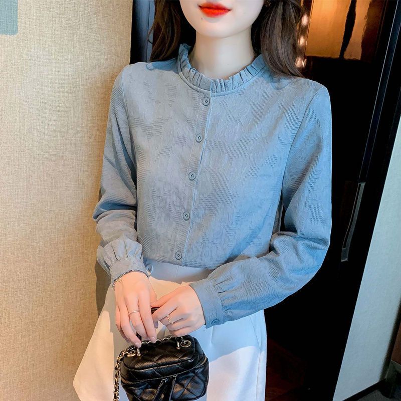 ICE Cotton Younger Fashion Jacquard Cotton Shirt Women's Western Style Cotton Wooden Ear Collar Shirt Long Sleeve