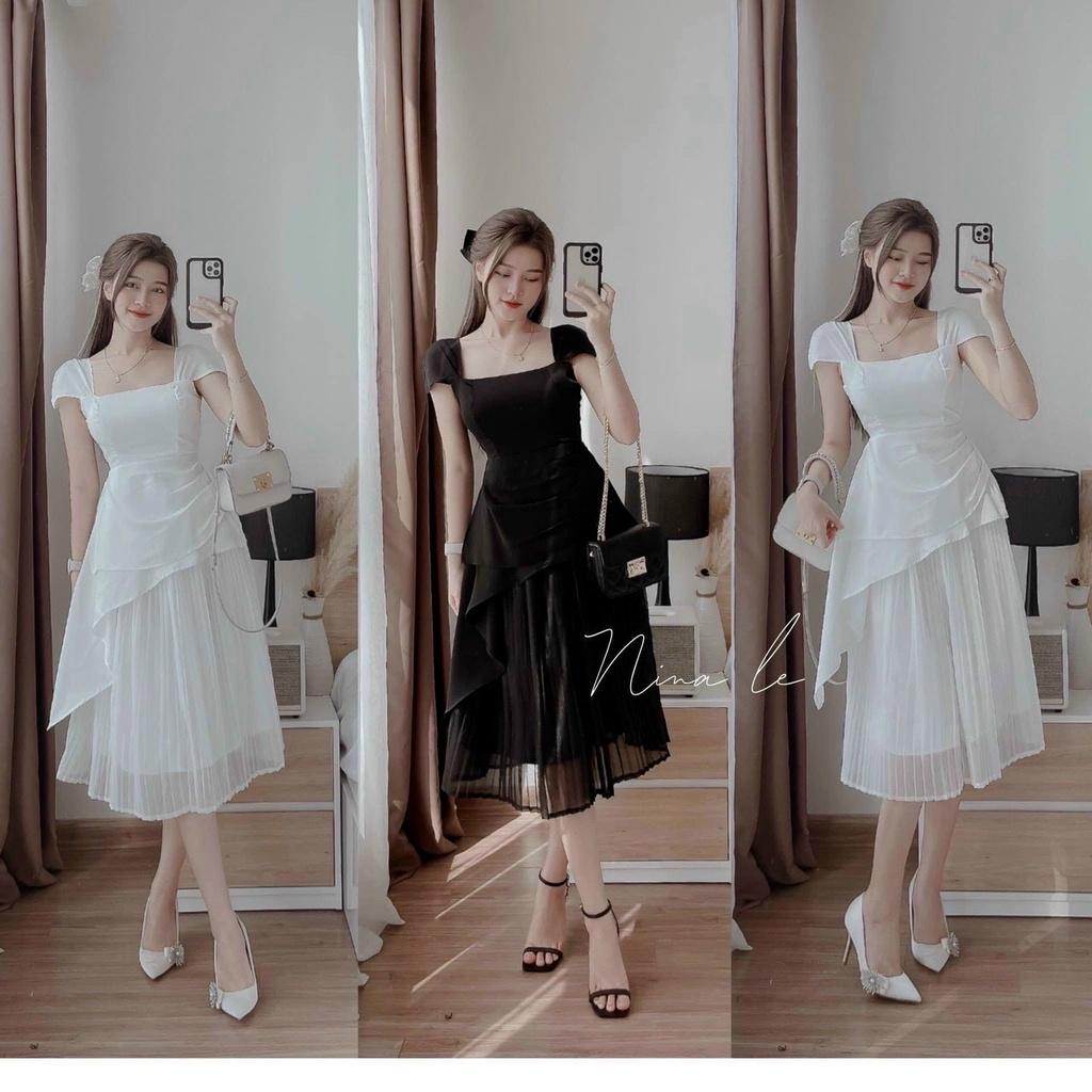 chân váy xòe voan lụa dập ly có lót trong và áo bèo lụa nhung có mút ngực kiểu đầm váy dự tiệc thời trang nữ ARAVA