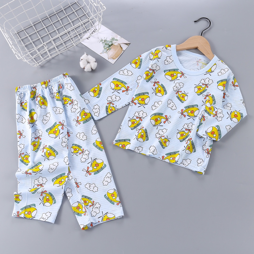 Bộ đồ ngủ YAOEENH tay dài chất cotton nguyên chất thoáng khí trọng lượng nhẹ cho bé trai 90-140cm