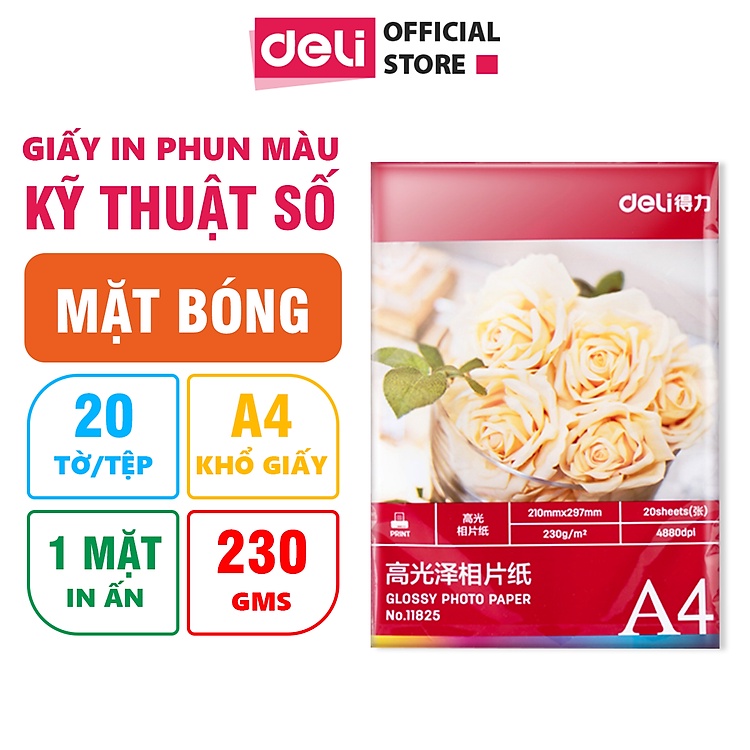 Giấy In Ảnh A4 Deli - Màu Trắng 1 Mặt Bóng 20 Tờ/Tập Định Lượng 230Gsm Deli - In Ảnh Sống Động Hàng Chính Hãng 11825