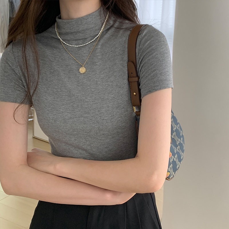 Áo thun SUXI tay ngắn cổ đứng dáng ôm màu trơn thời trang mùa hè cho nữ