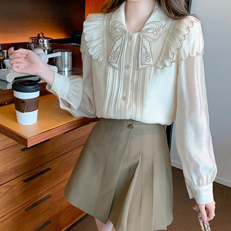 IELGY  Áo Sơ Mi Tay Dài Cổ Búp Bê Dễ Phối Đồ Thời Trang Cho Nữ