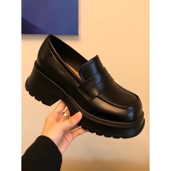 Giày oxford đế cao da đen lì phong cách Hàn Quốc