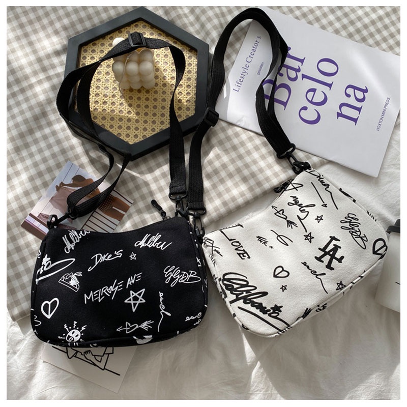 One Túi Vải canvas Đeo Chéo Sức Chứa Lớn In Họa Tiết graffiti Thời Trang Cho Nữ